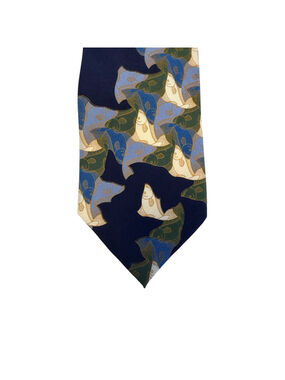 M.C. Escher Fish Woodcut 1941 Silk Necktie Made in Italy Art Tie Navy Blue Fish
